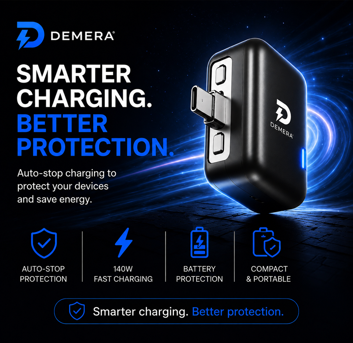 DEMERA™ SmartCharge™ — 140W Auto-Stop Charging Adapter