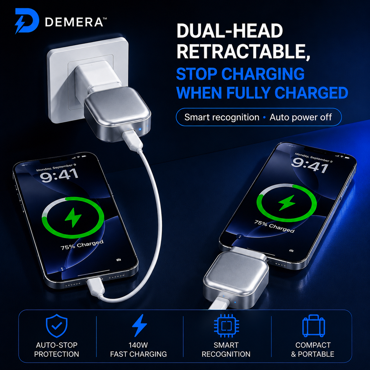 DEMERA™ SmartCharge™ — 140W Auto-Stop Charging Adapter