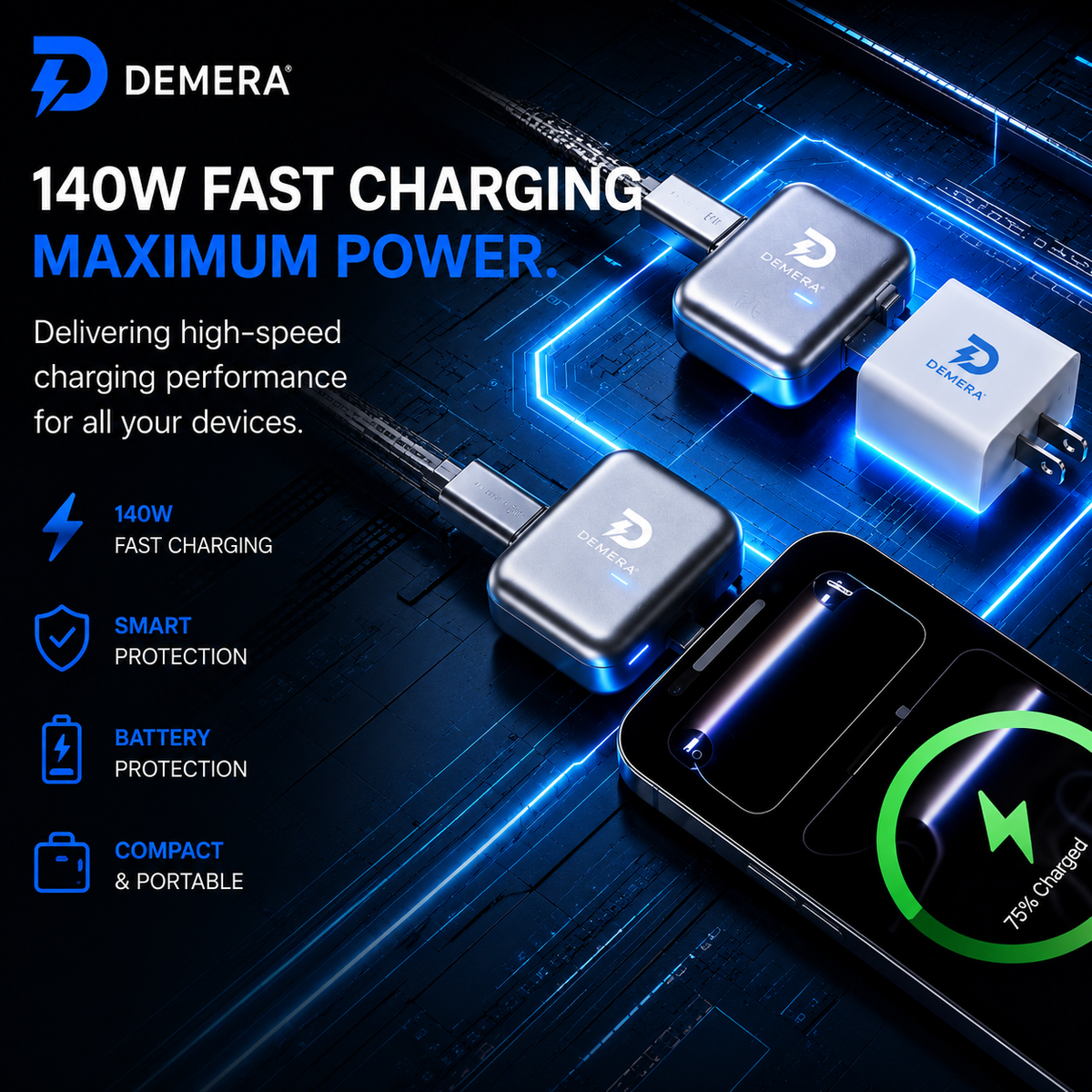 DEMERA™ SmartCharge™ — 140W Auto-Stop Charging Adapter